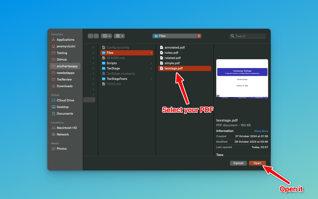 Open Document on TexStage for Mac