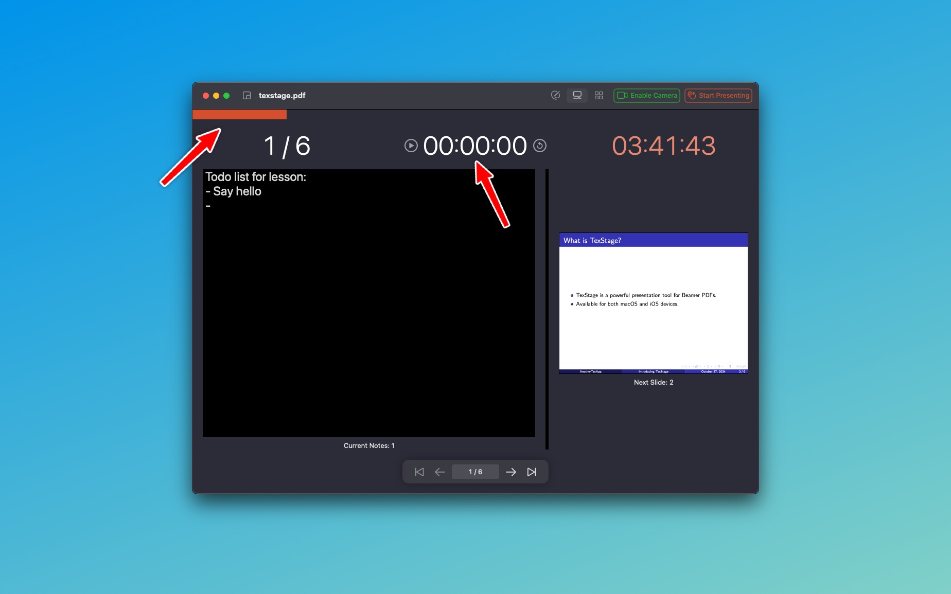 Progress bar and timer - TexStage for Mac